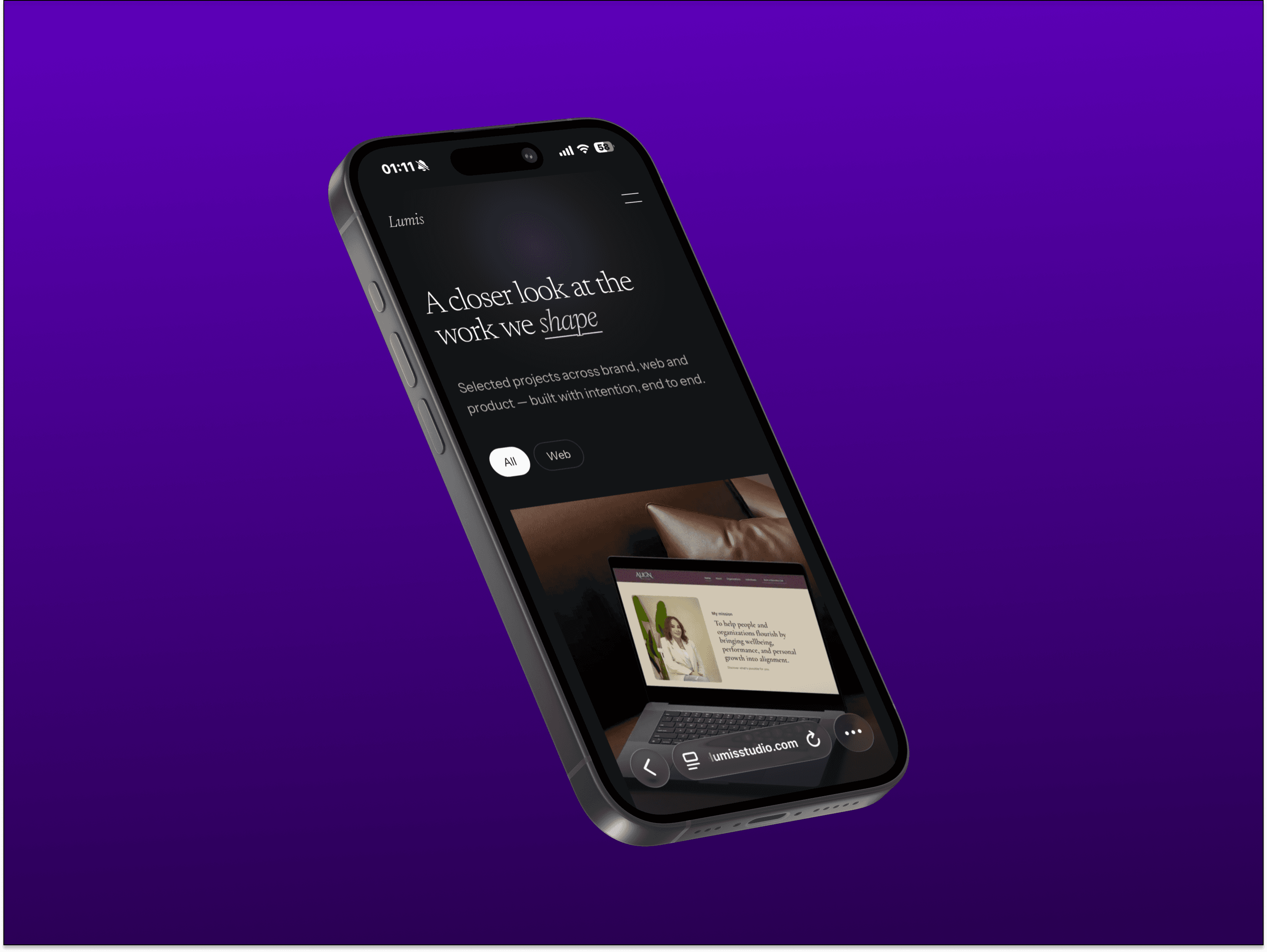 The Lumis Studio website shown on a smartphone, on a violet backdrop.